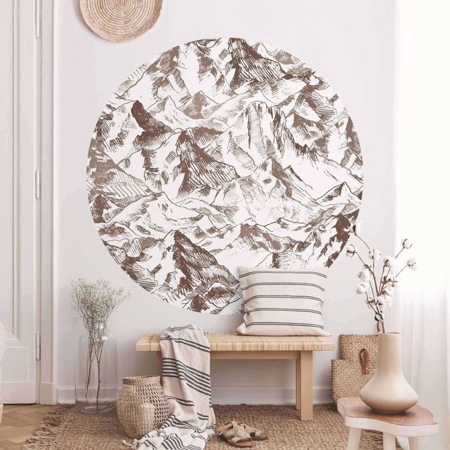 Self-adhesive round wallpaper - Illustration Mountain Landscape Sepia