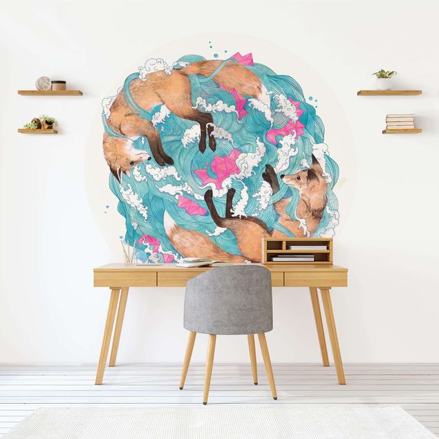 Self-adhesive round wallpaper - Illustration Foxes And Waves Painting