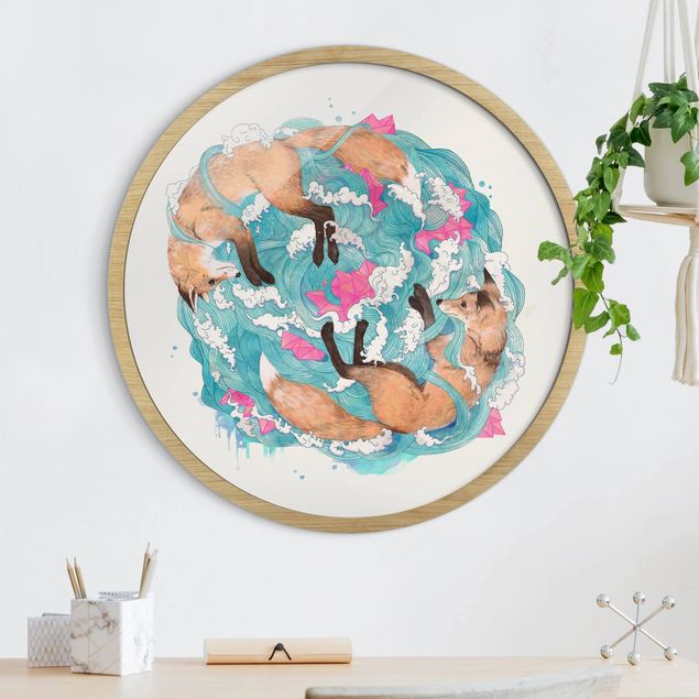 Framed prints round Illustration Foxes And Waves Painting
