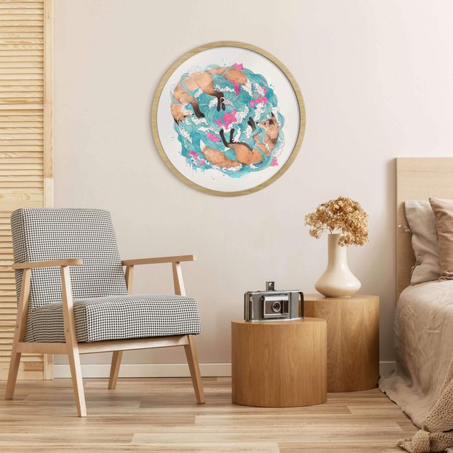 Circular framed print - Illustration Foxes And Waves Painting