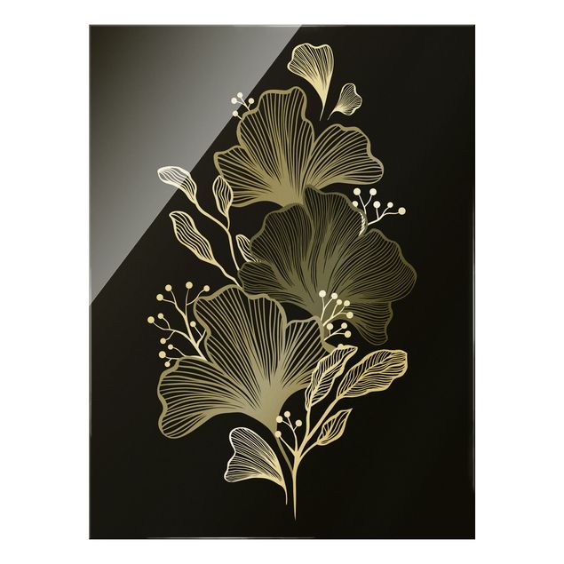 Glass print - Illustration Gingko Leaves Dark Green - Portrait format