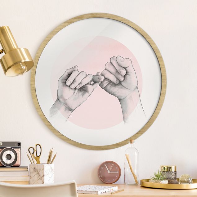 Framed prints round Illustration Hands Friendship Circle Pink White