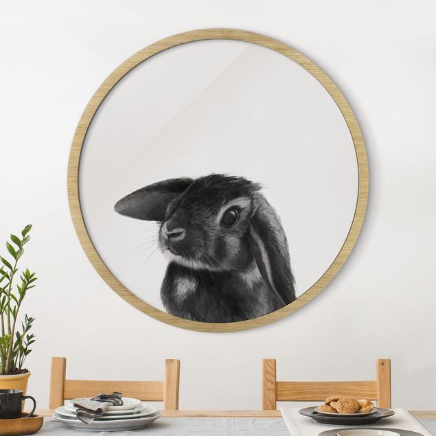 Framed prints round Illustration Rabbit Black And White Drawing