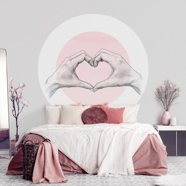 Self-adhesive round wallpaper - Illustration Heart Hands Circle Pink White