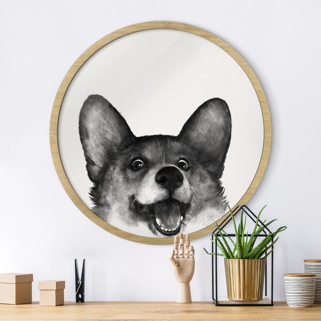Framed prints round Illustration Dog Corgi Black And White Painting