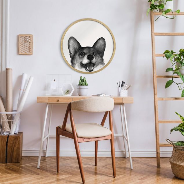Circular framed print - Illustration Dog Corgi Black And White Painting
