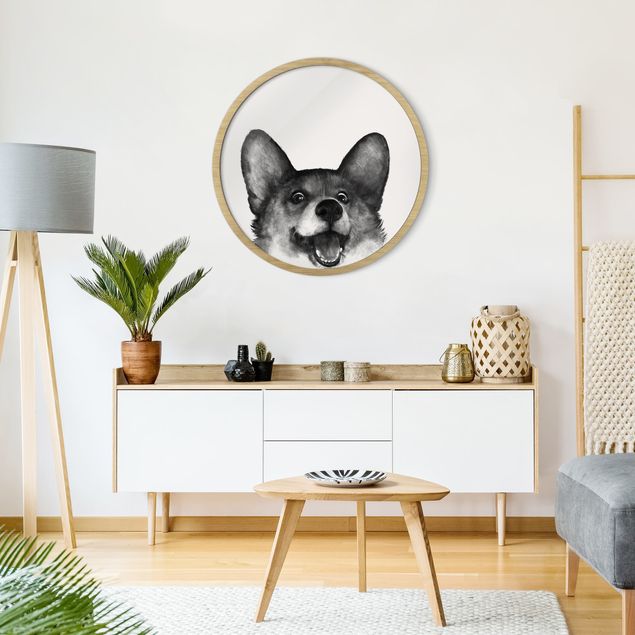 Circular framed print - Illustration Dog Corgi Black And White Painting