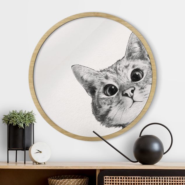 Framed prints round Illustration Cat Drawing Black And White