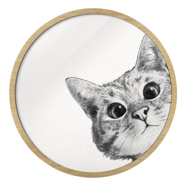 Circular framed print - Illustration Cat Drawing Black And White