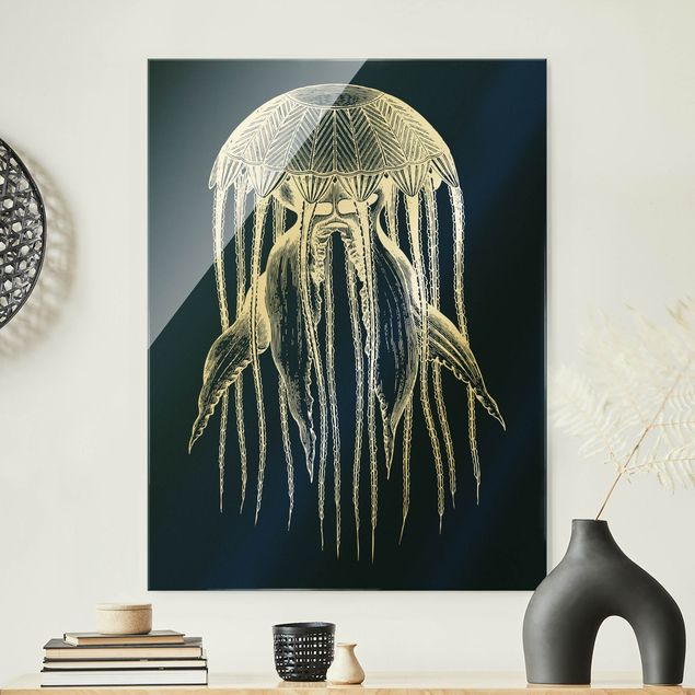 Glass print - Illustration Jellyfish On Blue  - Portrait format
