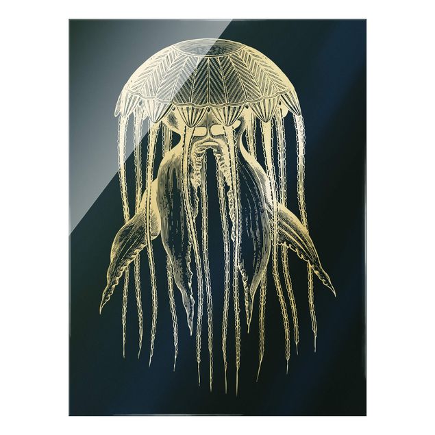 Glass print - Illustration Jellyfish On Blue  - Portrait format
