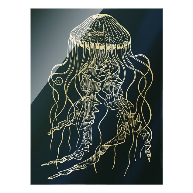 Glass print - Illustration Dancing Jellyfish On Black  - Portrait format