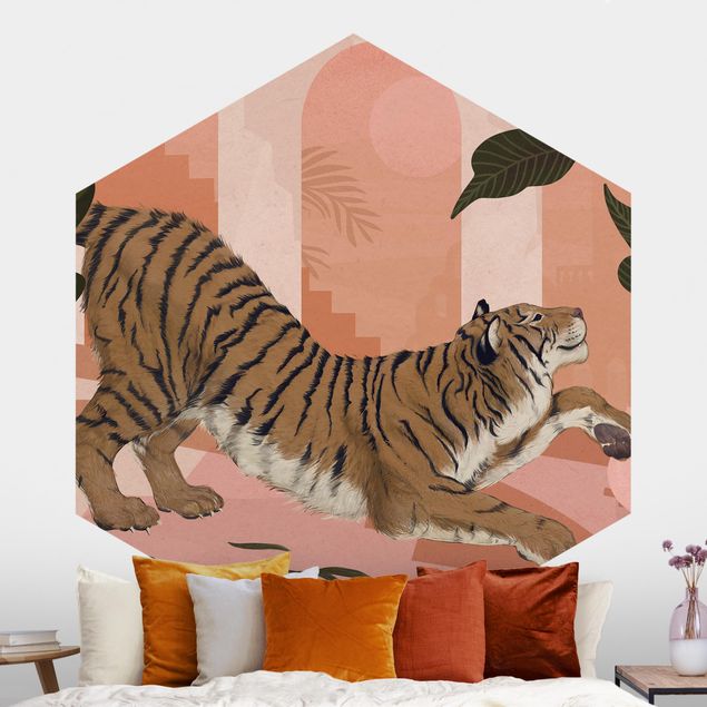 Self-adhesive hexagonal wall mural Illustration Tiger In Pastel Pink Painting