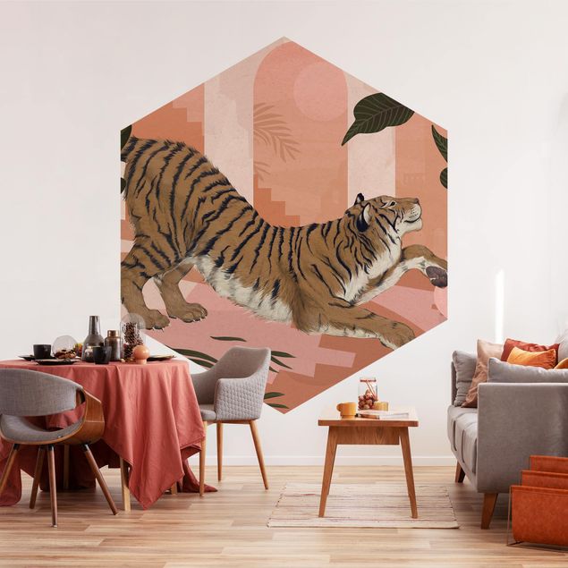 Self-adhesive hexagonal pattern wallpaper - Illustration Tiger In Pastel Pink Painting