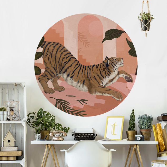 Self-adhesive round wallpaper - Illustration Tiger In Pastel Pink Painting