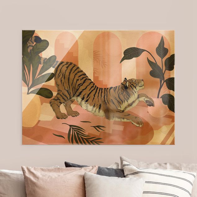 Glass print - Illustration Tiger In Pastel Pink Painting - Landscape format