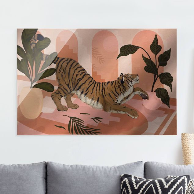 Glas Magnetboard Illustration Tiger In Pastel Pink Painting