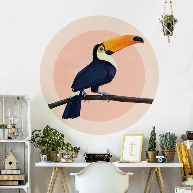 Self-adhesive round wallpaper - Illustration Bird Toucan Painting Pastel