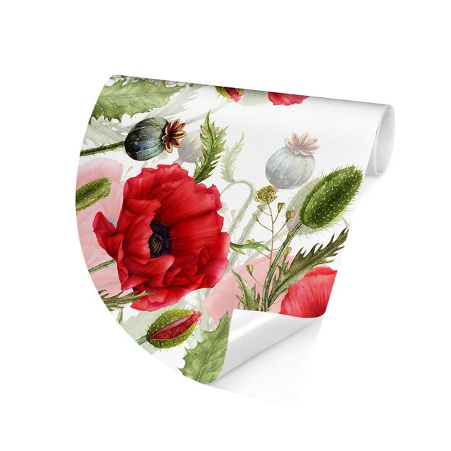 Self-adhesive round wallpaper - Illustrated Poppies