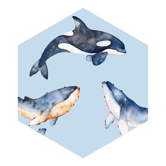 Self-adhesive hexagonal pattern wallpaper - Illustrated Whale In Watercolour