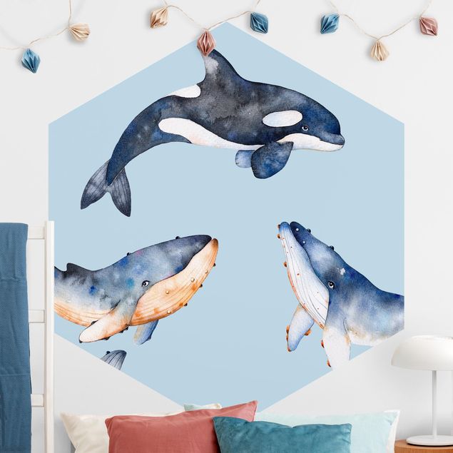 Hexagonal wall mural Illustrated Whale In Watercolour