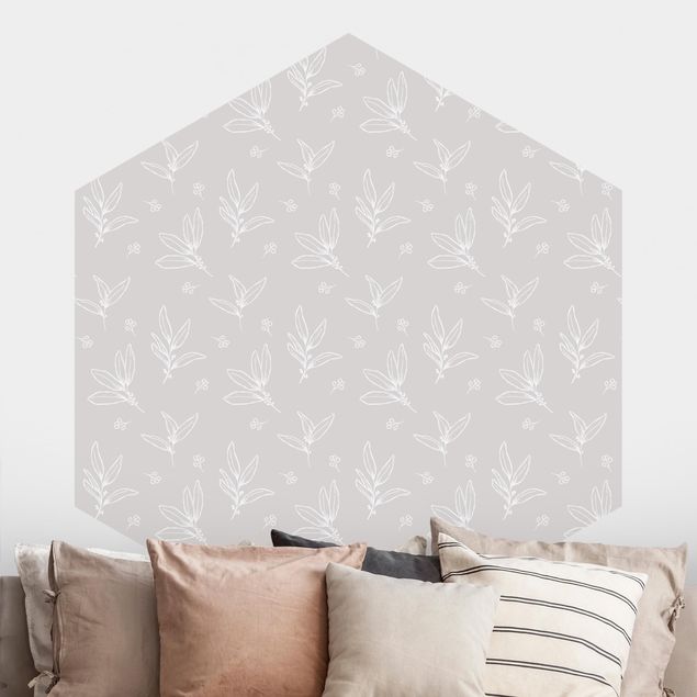 Hexagonal wall mural Illustrated Branches Pattern Beige