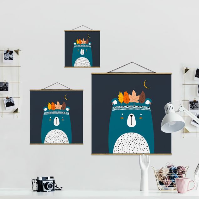 Fabric print with poster hangers - Tribal Bear At Night - Square 1:1