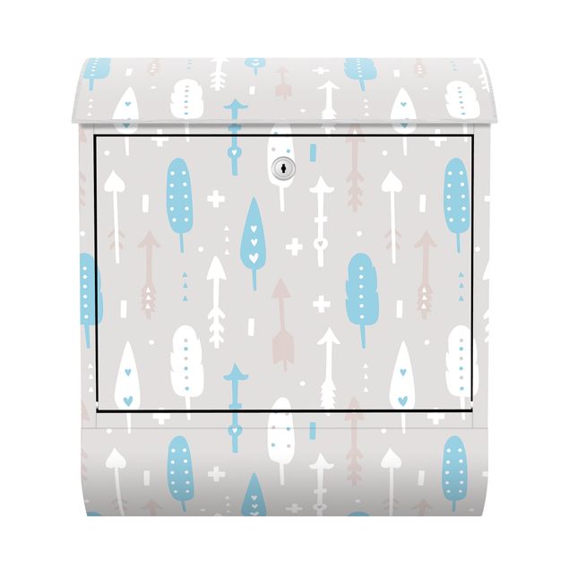 Letterbox - Tribal Arrows With Hearts Blue Grey