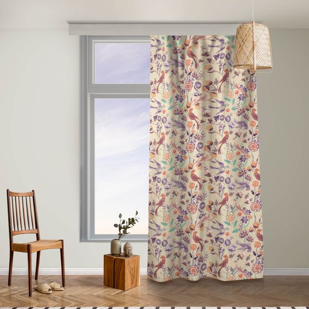 Modern Curtains Indian Pattern Birds with Flowers Beige
