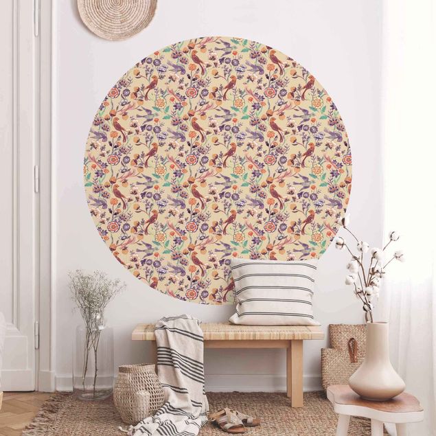 Self-adhesive round wallpaper - Indian Pattern Birds with Flowers Beige