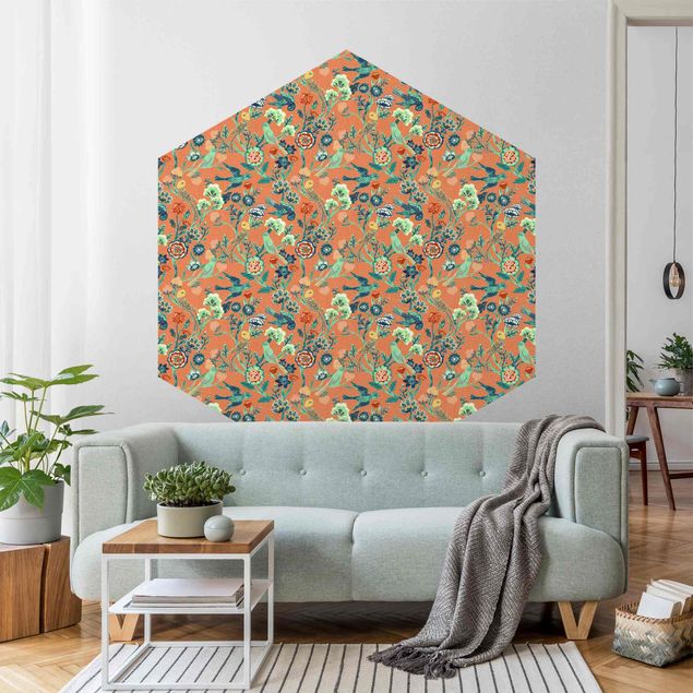 Self-adhesive hexagonal wall mural - Indian Pattern Birds with Flowers Orange