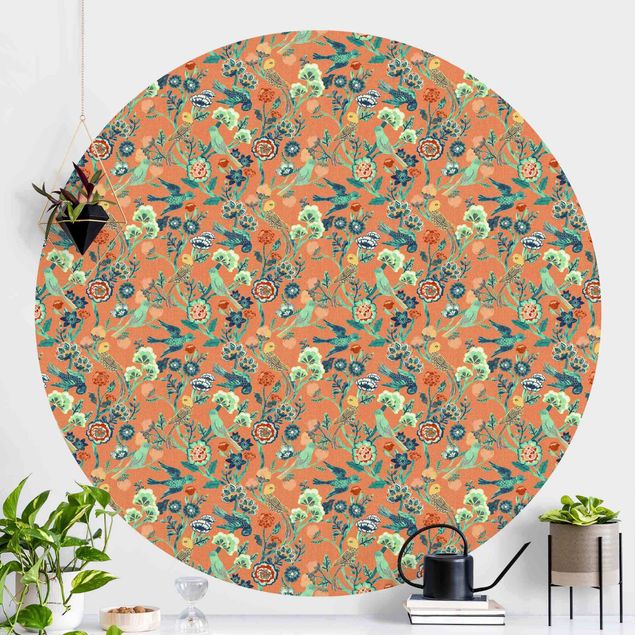Wallpapers Indian Pattern Birds with Flowers Orange
