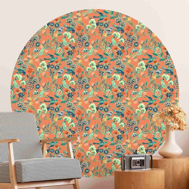 Self-adhesive round wallpaper - Indian Pattern Birds with Flowers Orange