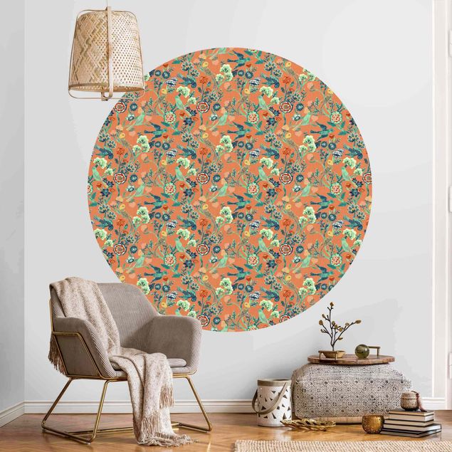 Self-adhesive round wallpaper - Indian Pattern Birds with Flowers Orange
