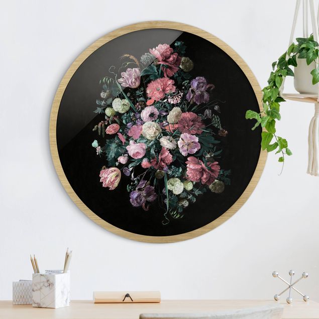 Framed prints round Jan Davidsz De Heem - Dark Flower Bouquet