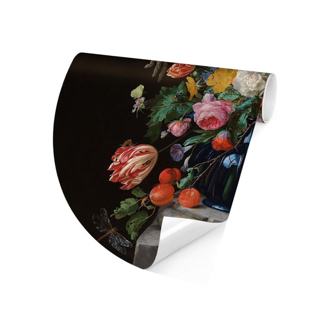Self-adhesive round wallpaper - Jan Davidsz de Heem - Tulips, a Sunflower, an Iris and other Flowers in a Glass Vase on the Marble Base of a Column