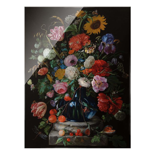 Glass print - Jan Davidsz de Heem - Tulips, a Sunflower, an Iris and other Flowers in a Glass Vase on the Marble Base of a Column
