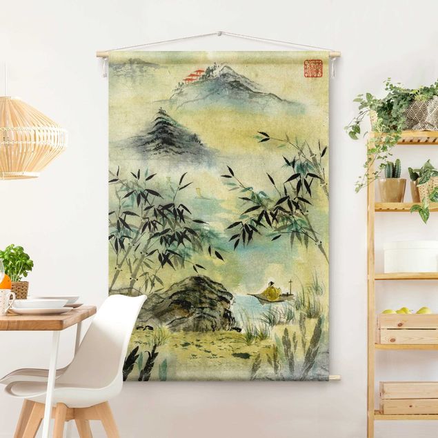 modern tapestry Japanese Watercolour Drawing Bamboo Forest