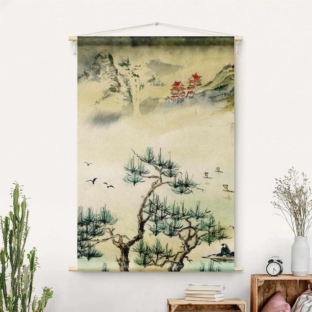 modern tapestry Japanese Watercolour Drawing Pine Tree And Mountain Village