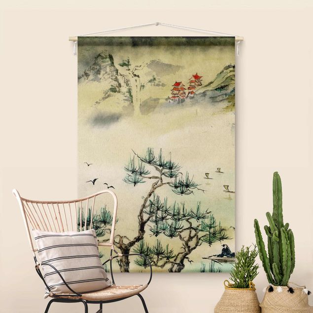 tapestry nature Japanese Watercolour Drawing Pine Tree And Mountain Village