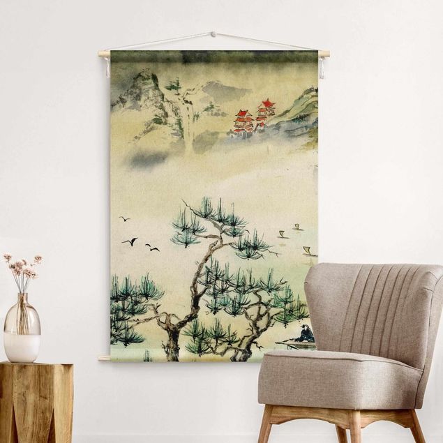 vintage tapestry Japanese Watercolour Drawing Pine Tree And Mountain Village