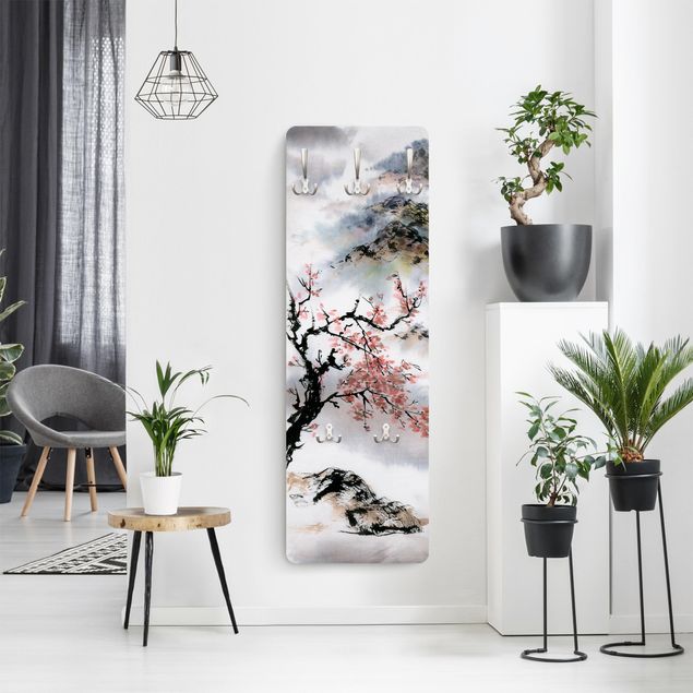 Coat rack - Japanese Watercolour Drawing Cherry Tree And Mountains