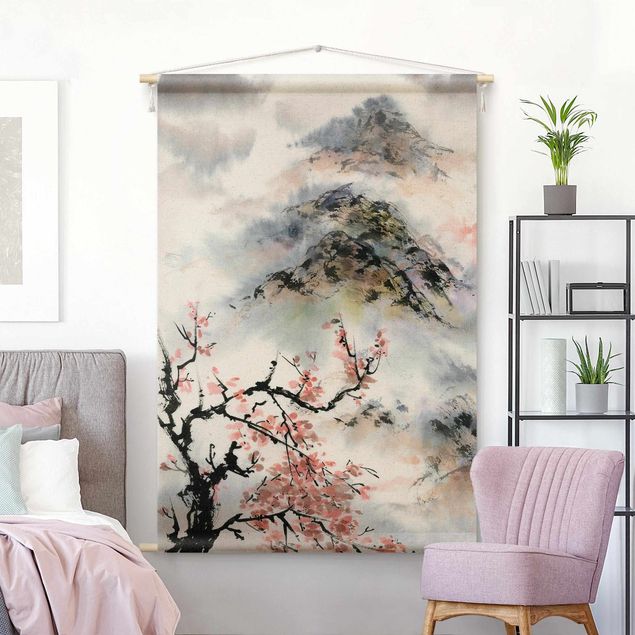 modern tapestry wall hanging Japanese Watercolour Drawing Cherry Tree And Mountain