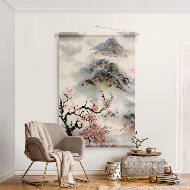 tapestry forest Japanese Watercolour Drawing Cherry Tree And Mountain