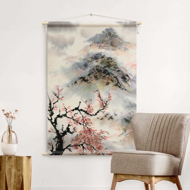 vintage wall tapestry Japanese Watercolour Drawing Cherry Tree And Mountain