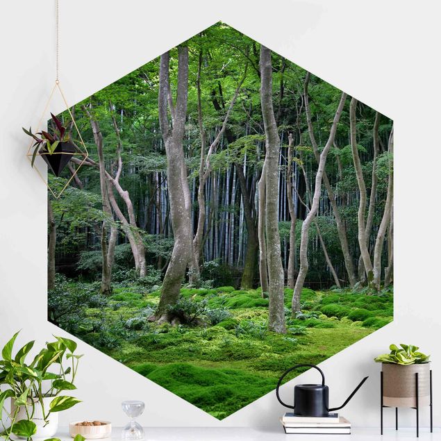 Self-adhesive hexagonal wall mural Japanese Forest