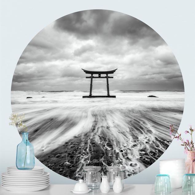 Self-adhesive round wallpaper - Japanese Torii In The Ocean