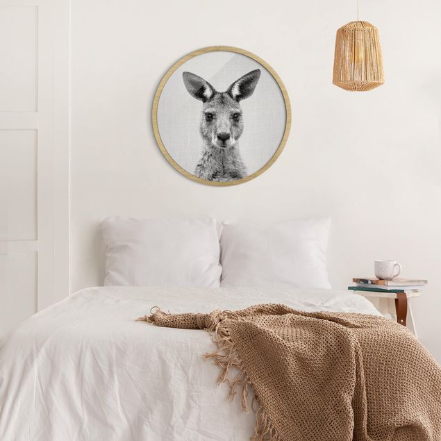 Circular framed print - Kangaroo Knut Black And White