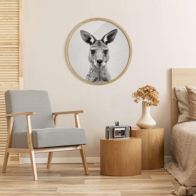 Circular framed print - Kangaroo Knut Black And White