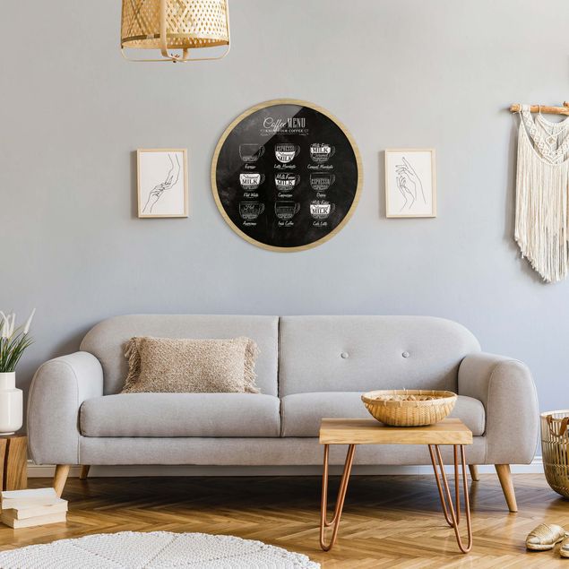 Circular framed print - Coffee Varieties Chalkboard